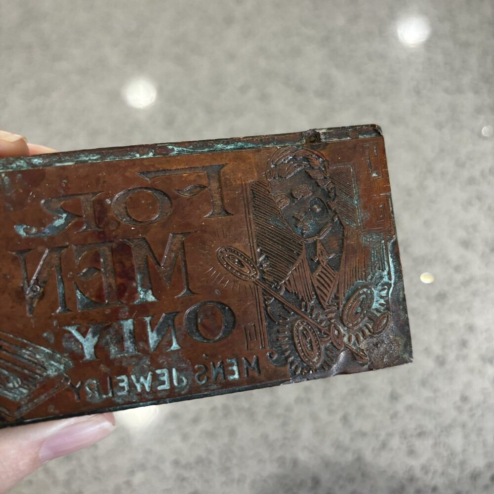 Vintage Antique Copper Wood Letterpress Printing Block “Men’s Jewelry” Crafting - Picture 8 of 8